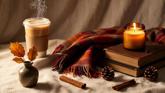 Books, candles, coffee and autumn mood