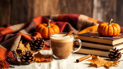 autumn still life with cup of coffee and pumpkin