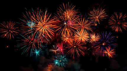 Spectacular fireworks illuminate a vibrant urban cityscape at night, creating a dazzling panorama of light and color over modern buildings and the beautiful skyline