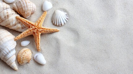 A Beautiful Collection of Shells and a Starfish on Sandy Shore, Capturing the Essence of Coastal Beauty and Ocean Treasures