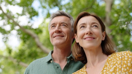 Joyful Couple Embracing Nature Together Under a Canopy of Green Leaves in a Bright Sunlit Environment Reflecting Happiness and Contentment