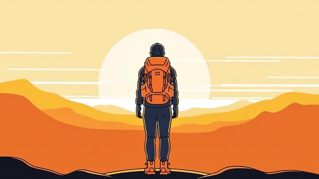 A Person Hiking Reaches a Mountain Peak, Overlooking the Sun, Triumphantly Looking Forward