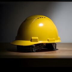 Protective yellow hard hat on wooden table, safety equipment under dramatic spotlight