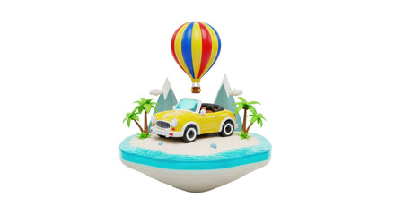 highly stylized, glossy chibi yellow convertible on a miniature tropical island diorama with a striped balloon, isolated against a pure white background with copy space. concept of playful optimism