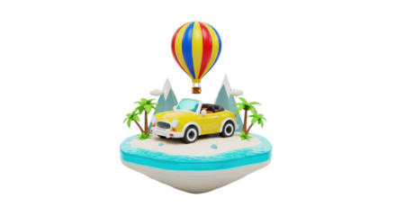 highly stylized, glossy chibi yellow convertible on a miniature tropical island diorama with a striped balloon, isolated against a pure white background with copy space. concept of playful optimism