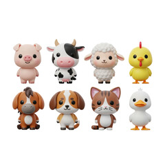 adorable 3d rendering of stylized farm and domestic animal mascots (pig, cow, sheep, horse, cat, dog) with smooth textures, isolated on a seamless white background. concept for commercial product