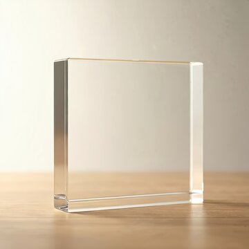 Clear acrylic glass sheet stand mockup is on desk. Blank plastic frame, visual holder. Empty plexiglas board with transparent background. Display, nameplate and signage template for card design idea.