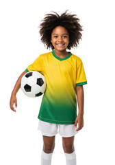 young african american girl (9) with a voluminous curly afro, smiling, wearing a vibrant soccer jersey, holding a ball in a high-key studio white background with copy space. concept of youthful
