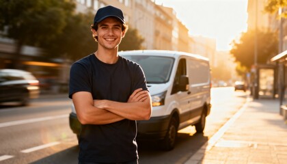 A truck driver in a red reflective jacket standing in front of a semi-truck parked outside a warehouse on a clear, sunny afternoon. The pavement is dry, and the setting feels crisp and professional	