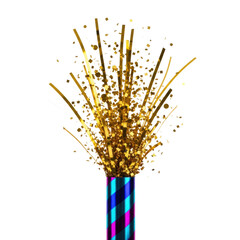 Hyperrealistic macro photograph of an iridescent blue and purple party popper exploding, ultra-reflective golden confetti frozen mid-burst against a pristine white studio background. Concept of