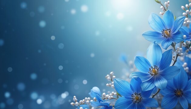 Illustration features blue flowers with pearl-like accents on soft blue background. Image suitable for invitations design. Ideal for romantic themes special events. Perfect for modern design projects.