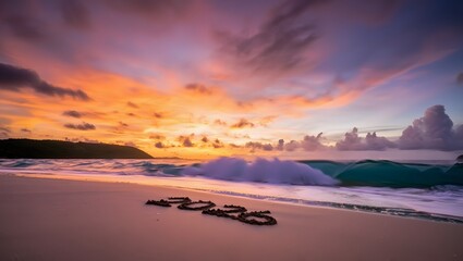 Golden beach with 2026 drawn in sand at sunset, ideal for promoting future vacations, resolutions, or tropical holiday plans