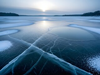 Serene winter sunset illuminates vast frozen lake, intricate ice cracks reflecting light