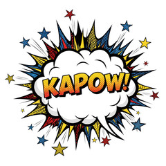Pop art illustration, central blank speech bubble with thick black outlines and copy space, erupting comic explosion background with "kapow" lettering, ben-day dot texture. Concept for retro