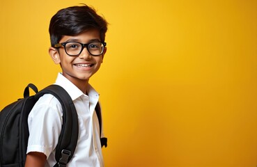 Smiling Indian schoolboy wearing glasses stands against yellow backdrop. Young student in uniform with backpack poses in studio. Child looks happy ready for lessons education