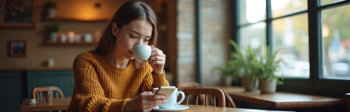 Young woman sips coffee, checks phone messages in cafe. She wears warm sweater, enjoys quiet moment. Natural light streams in through window. - Powered by Adobe