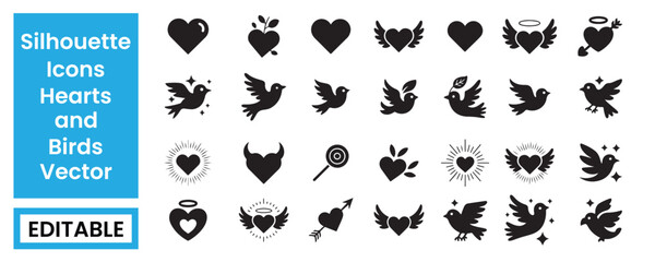 Naklejka premium Silhouette Icons of Hearts and Birds Vector Collection