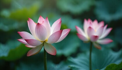 Obraz premium Two pink lotus flowers bloom. Aquatic plants grow in nature. Flora is beautiful. Pink petal blossom on green lotus leaves. Floral water lily bloom in pond.