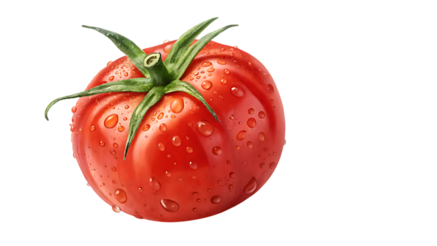 Ripe red tomato with fresh water droplets on green stem isolated on a transparent background fruit
