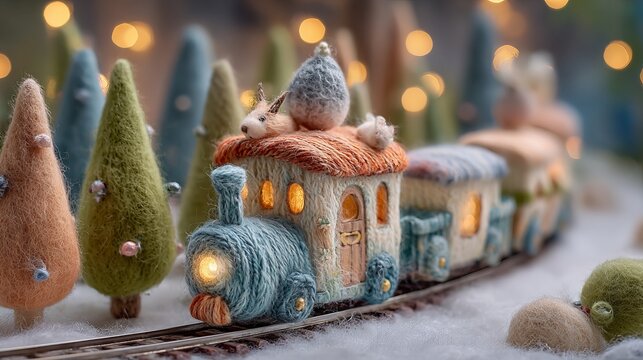 Whimsical Christmas Train: A charming miniature train meanders through a winter wonderland, adorned with festive details and warm, inviting lights, evoking the magic of the holiday season.
