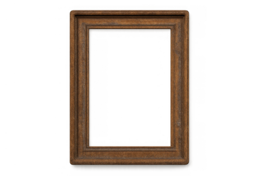 Ornate antique wooden picture frame with textured brown surface, empty for custom content, transparent background