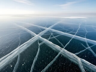 Cracked Ice Surface Frozen Lake Baikal's Natural Patterns in Winter Landscape
