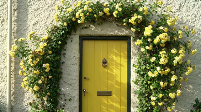 Bright Yellow Front Door Surrounded by a Lush Circular Arch of Yellow Roses and Greenery on a Light Stone Wall