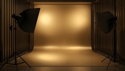 A photography studio setup with two lights and a golden backdrop for professional photo shoots