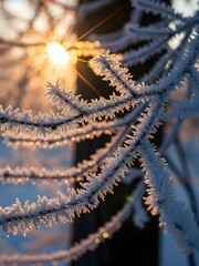 Frozen Branch in Winter Sparkling Ice Crystals in Golden Sunlight