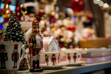 Christmas decor display with nutcracker figurines.