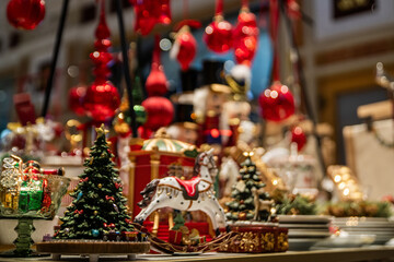 Festive Christmas display with miniature tree and rocking horse ornament, capturing the holiday spirit