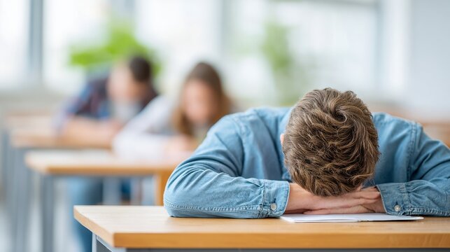 A Student Overwhelmed by Exam Stress, Resting Head on Desk with Classmates in the Background, Emphasizing Academic Pressure and Anxiety in Learning Environments - Powered by Adobe