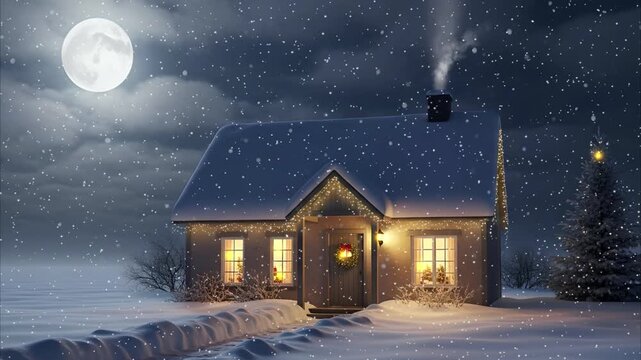 Cozy Christmas Eve video with gentle snowfall, illuminated holiday home, and a glowing moon creates a magical winter wonderland scene