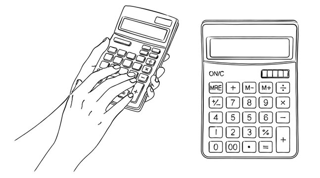 線画の電卓と操作する手（モノクロ）,計算,事務作業,ビジネス,経理,シンプル,ベクター