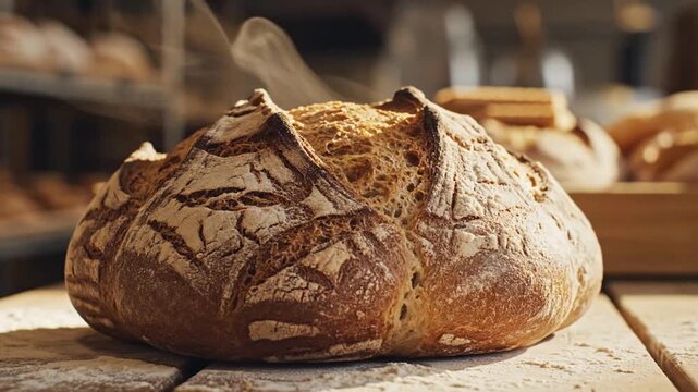 Artisan freshly baked bread in a cozy bakery setting with warm lighting