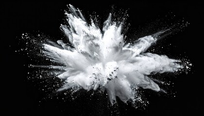 A dynamic explosion of white powder on a solid black background