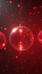 Red disco ball hangs centered in vibrant party setting. Glows brightly, reflecting many tiny lights, creating mesmerizing bokeh effects. Festive sphere adds dynamic party atmosphere to celebration,