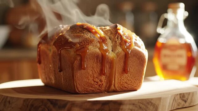 Steaming freshly baked caramel drizzle sweet bread on wooden surface in warm