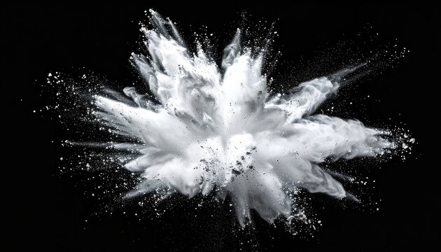 A dynamic explosion of white powder on a solid black background