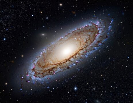 A tilted spiral galaxy with a bright core, dust lanes, and star-forming regions - Powered by Adobe