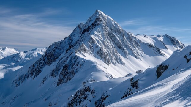 Snow-covered mountain peak under clear blue sky
