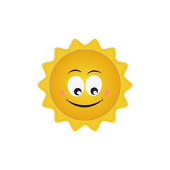 Cute Smiling Cartoon Sun Icon with Happy Face and Bright Yellow Rays on White Background