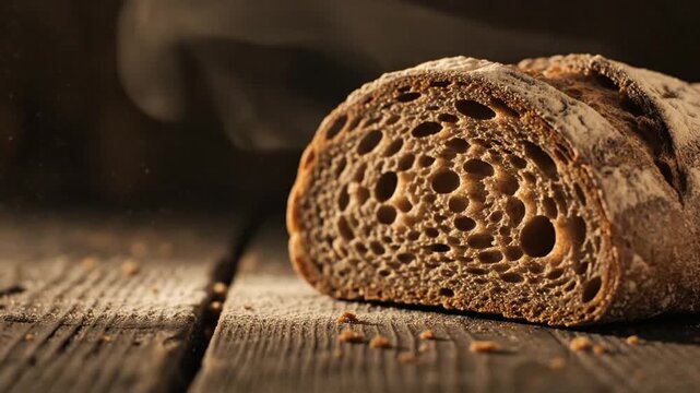 Close-up of freshly baked bread slice with steam rising on a rustic wooden