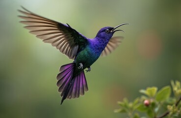 Fototapeta premium Purple and green hummingbird hovers mid air. Bird shows iridescent feathers, extended wings, and open beak against blurred foliage background in Ecuador. Wildlife flies fast.