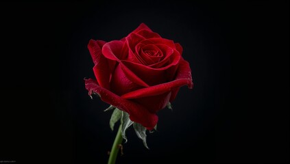 A close up shot of a vibrant red rose in full bloom against a stark black background studio setting