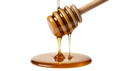 Golden honey dripping  png  isolated on transparent background, from a wooden dipper, a sweet and natural treat for healthy living ideas