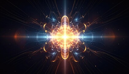 A glowing, symmetrical fractal flower of energy, bursting with gold and blue light