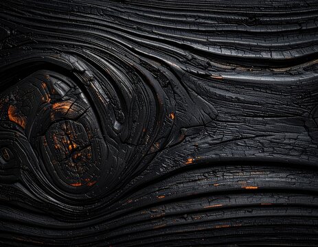 Close-up of charred black wood with a swirling knot and orange glowing cracks