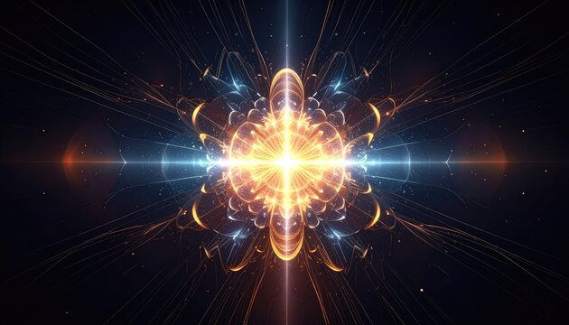 A glowing, symmetrical fractal flower of energy, bursting with gold and blue light