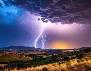 Dramatic lightning forks strike a rural valley with rolling hills at night